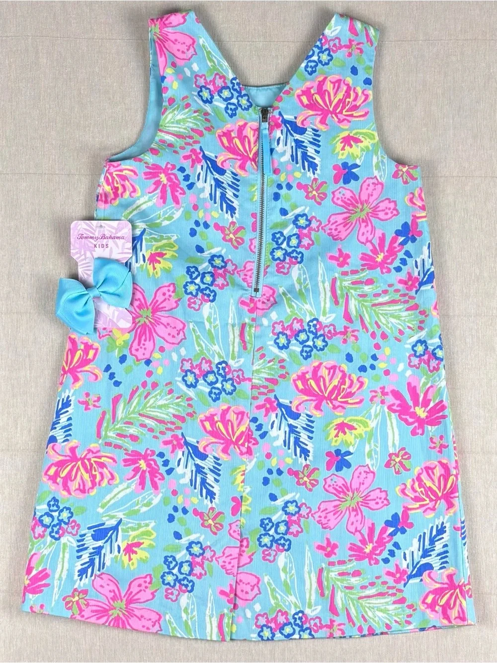 Tommy Bahama Girls' Blue Floral Shift Dress with Pink Accents